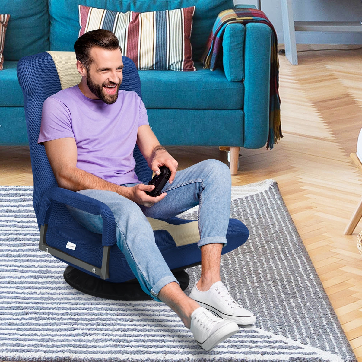 360-Degree Swivel Gaming Floor Chair with Foldable Adjustable Backrest-Blue-Floor Chairs-DECOROLALA