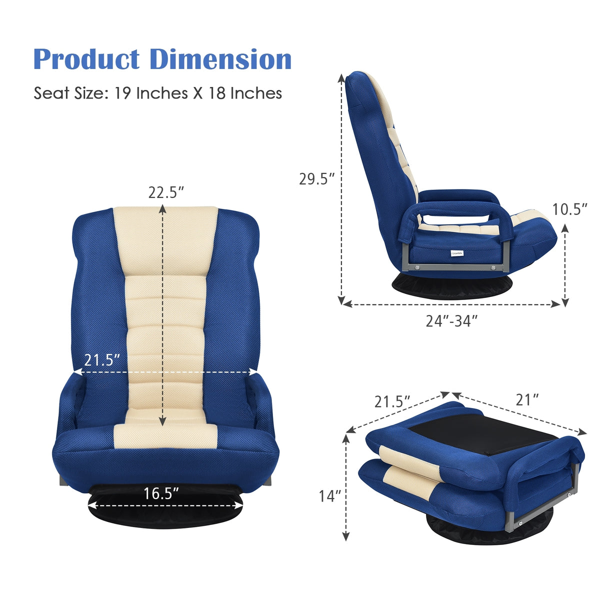 360-Degree Swivel Gaming Floor Chair with Foldable Adjustable Backrest-Blue-Floor Chairs-DECOROLALA