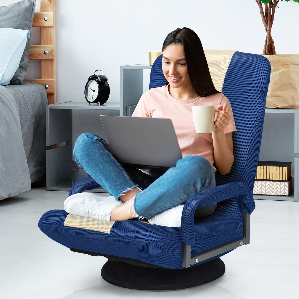 360-Degree Swivel Gaming Floor Chair with Foldable Adjustable Backrest-Blue-Floor Chairs-DECOROLALA