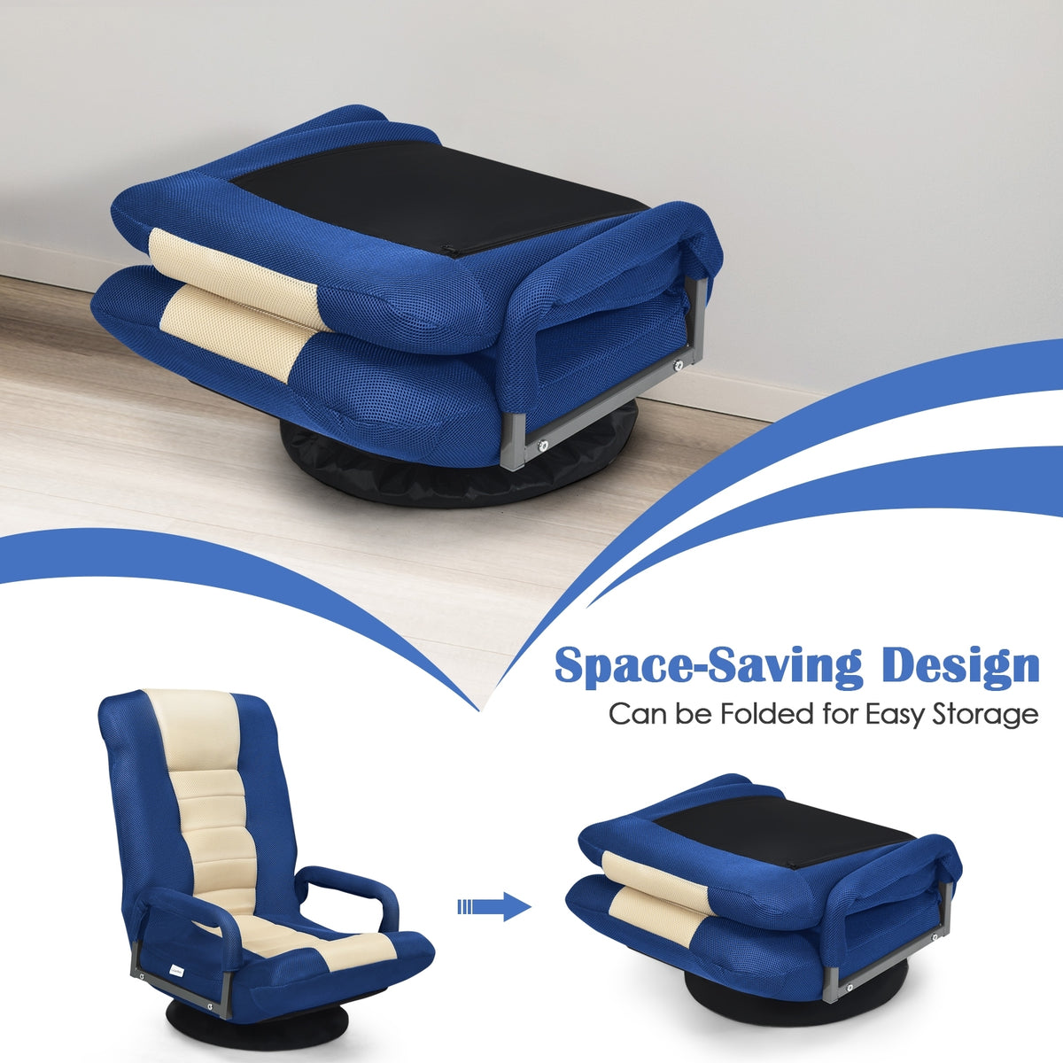 360-Degree Swivel Gaming Floor Chair with Foldable Adjustable Backrest-Blue-Floor Chairs-DECOROLALA