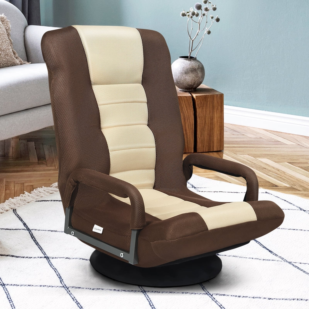 360-Degree Swivel Gaming Floor Chair with Foldable Adjustable Backrest-Brown-Floor Chairs-DECOROLALA