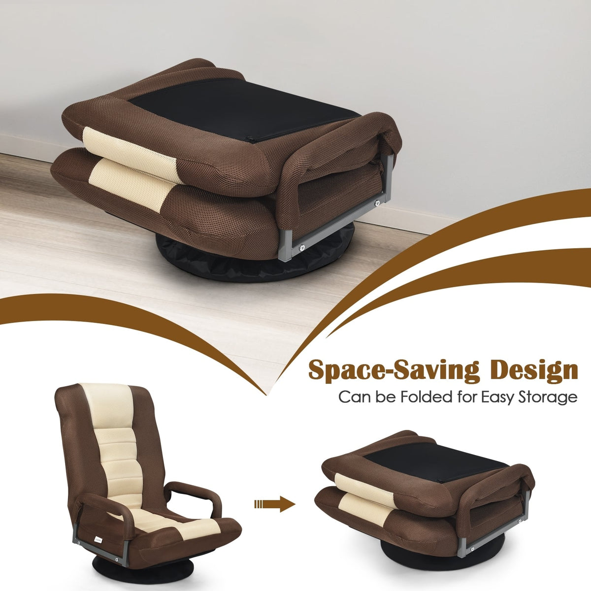 360-Degree Swivel Gaming Floor Chair with Foldable Adjustable Backrest-Brown-Floor Chairs-DECOROLALA