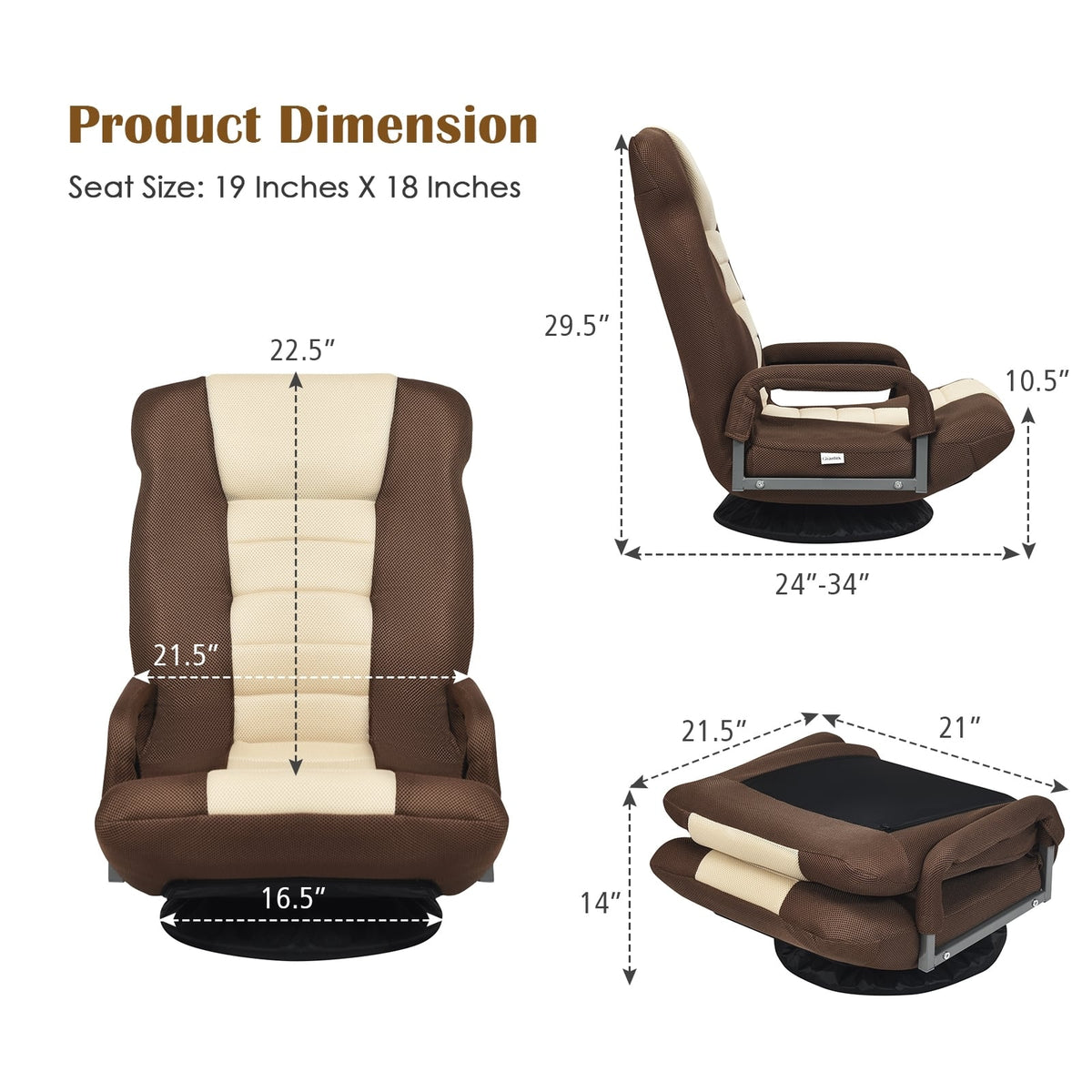 360-Degree Swivel Gaming Floor Chair with Foldable Adjustable Backrest-Brown-Floor Chairs-DECOROLALA