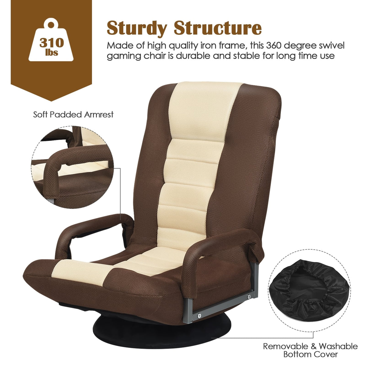360-Degree Swivel Gaming Floor Chair with Foldable Adjustable Backrest-Brown-Floor Chairs-DECOROLALA