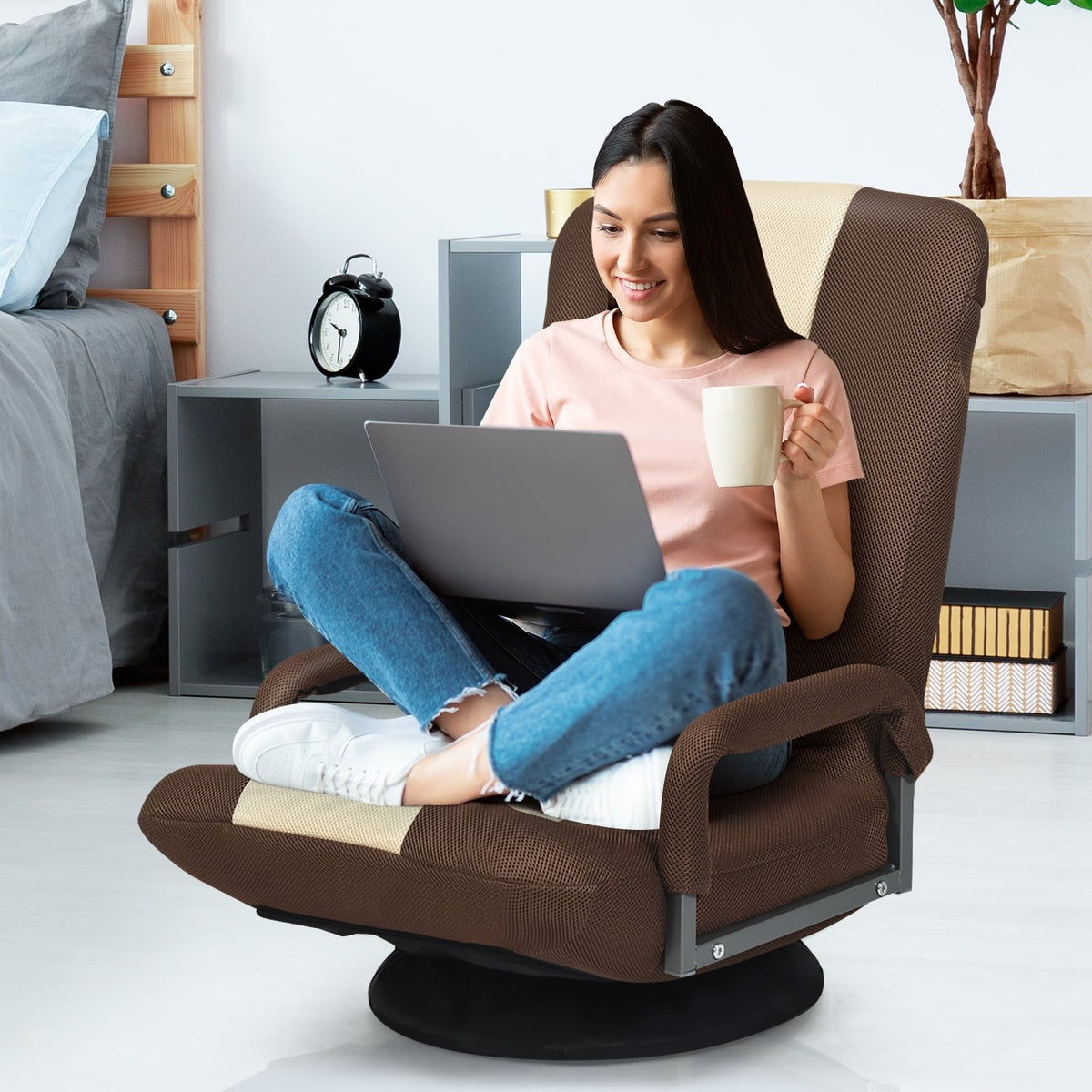 360-Degree Swivel Gaming Floor Chair with Foldable Adjustable Backrest-Brown-Floor Chairs-DECOROLALA