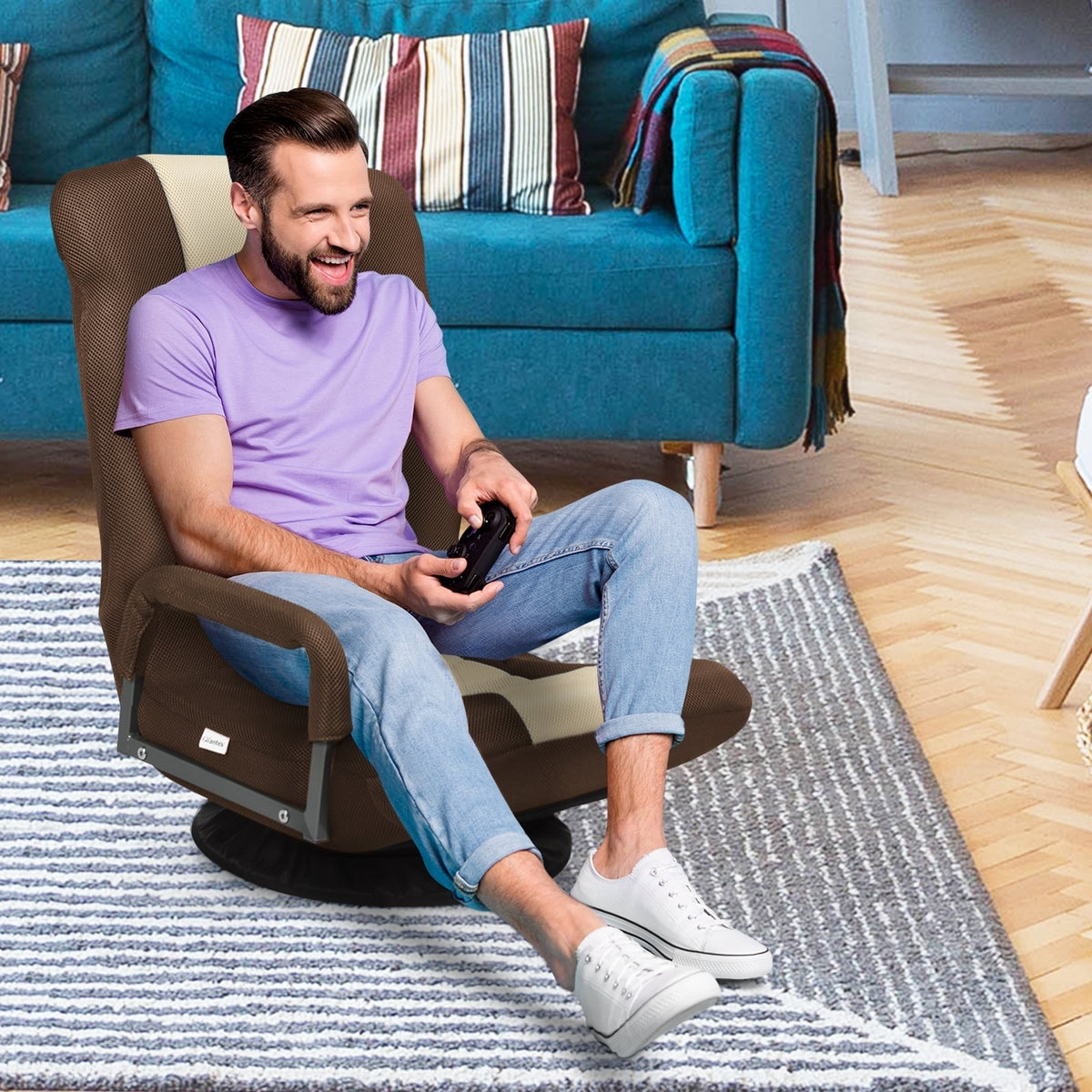 360-Degree Swivel Gaming Floor Chair with Foldable Adjustable Backrest-Brown-Floor Chairs-DECOROLALA