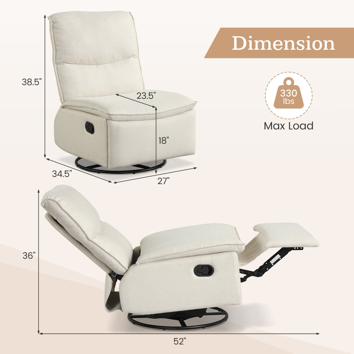 360° Swivel Rocking Chair with Cushioned Back for Living Room-Beige-Recliners-DECOROLALA