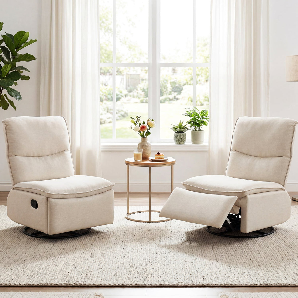 360° Swivel Rocking Chair with Cushioned Back for Living Room-Beige-Recliners-DECOROLALA