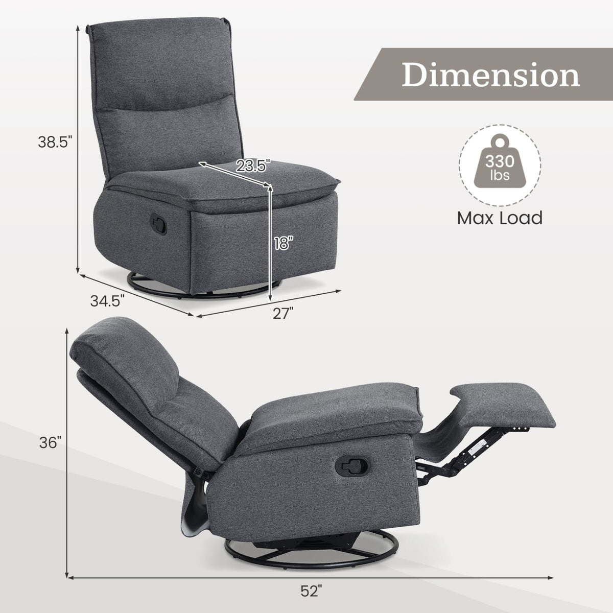 360° Swivel Rocking Chair with Cushioned Back for Living Room-Gray-Recliners-DECOROLALA