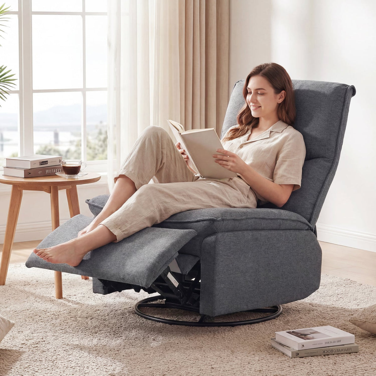 360° Swivel Rocking Chair with Cushioned Back for Living Room-Gray-Recliners-DECOROLALA