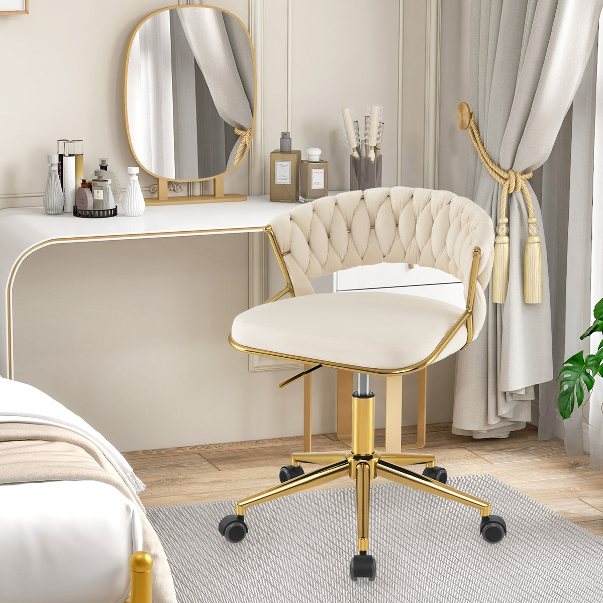 360° Height Adjustable Swivel Upholstered Desk Computer Chair with Hand-woven Back-Beige-Armless Office Chairs-DECOROLALA