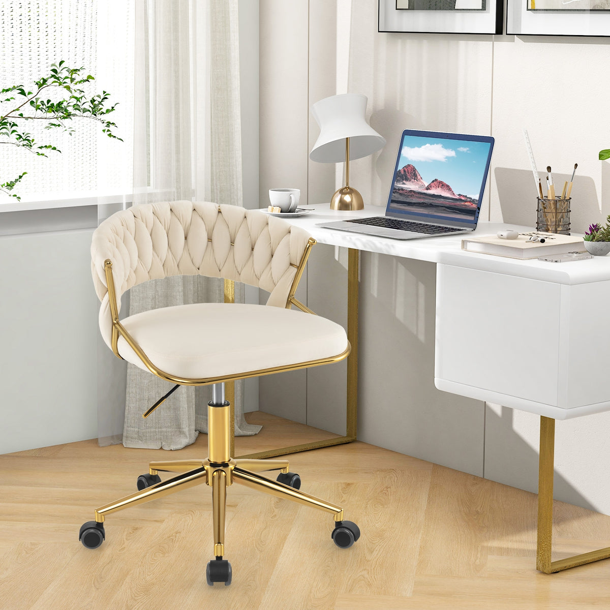360° Height Adjustable Swivel Upholstered Desk Computer Chair with Hand-woven Back-Beige-Armless Office Chairs-DECOROLALA