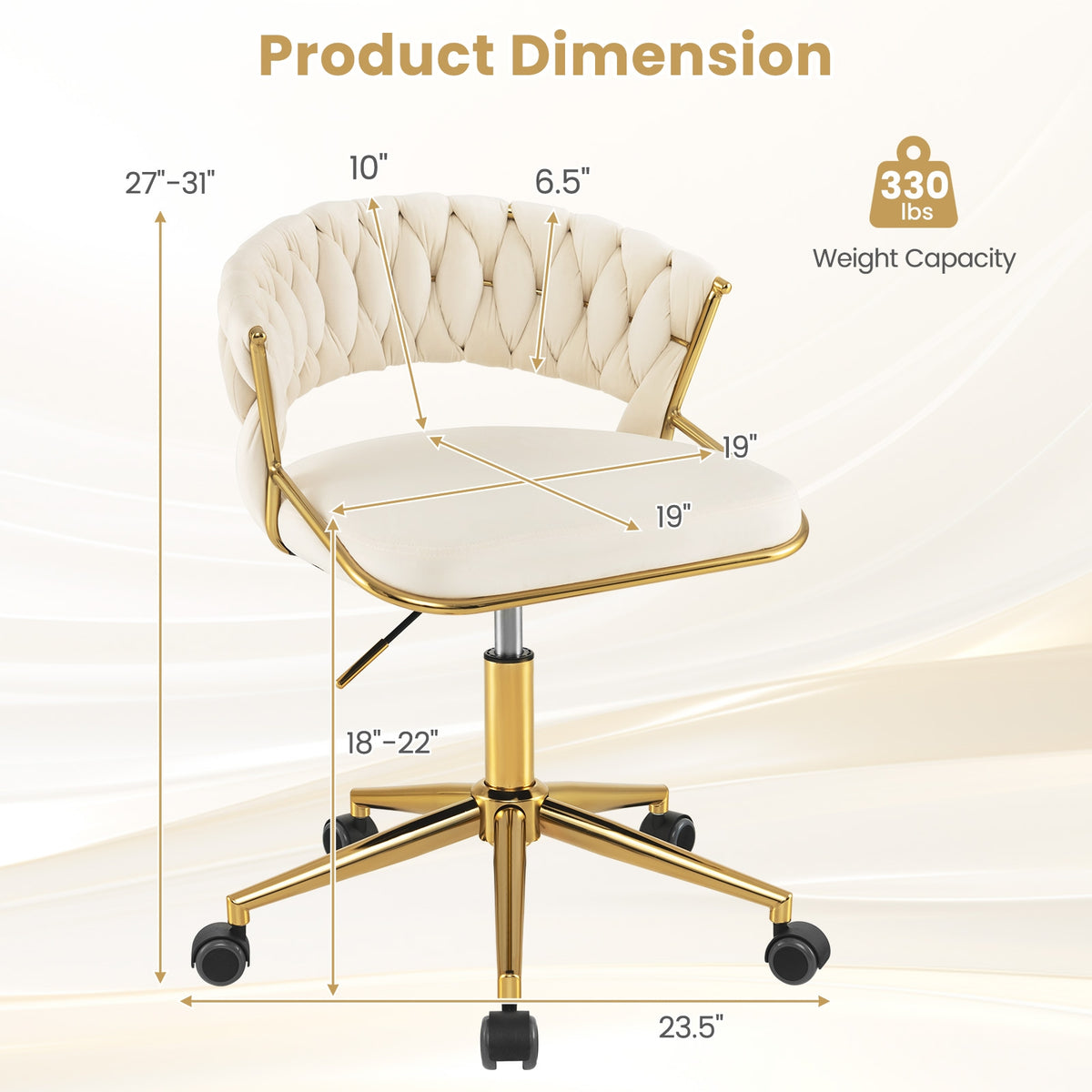 360° Height Adjustable Swivel Upholstered Desk Computer Chair with Hand-woven Back-Beige-Armless Office Chairs-DECOROLALA