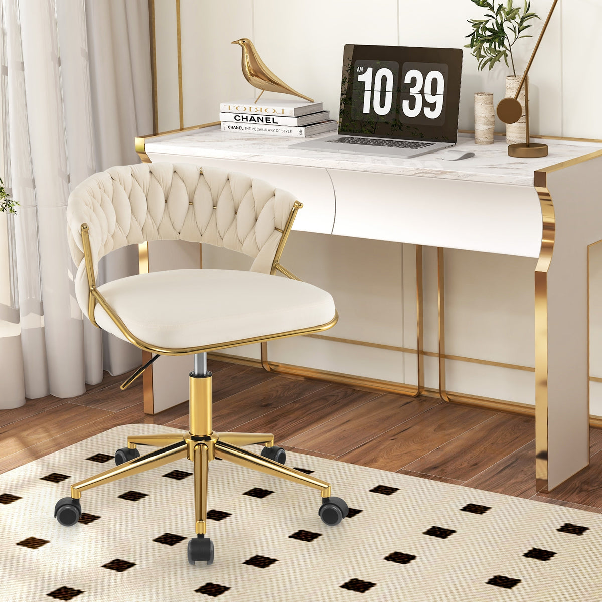 360° Height Adjustable Swivel Upholstered Desk Computer Chair with Hand-woven Back-Beige-Armless Office Chairs-DECOROLALA