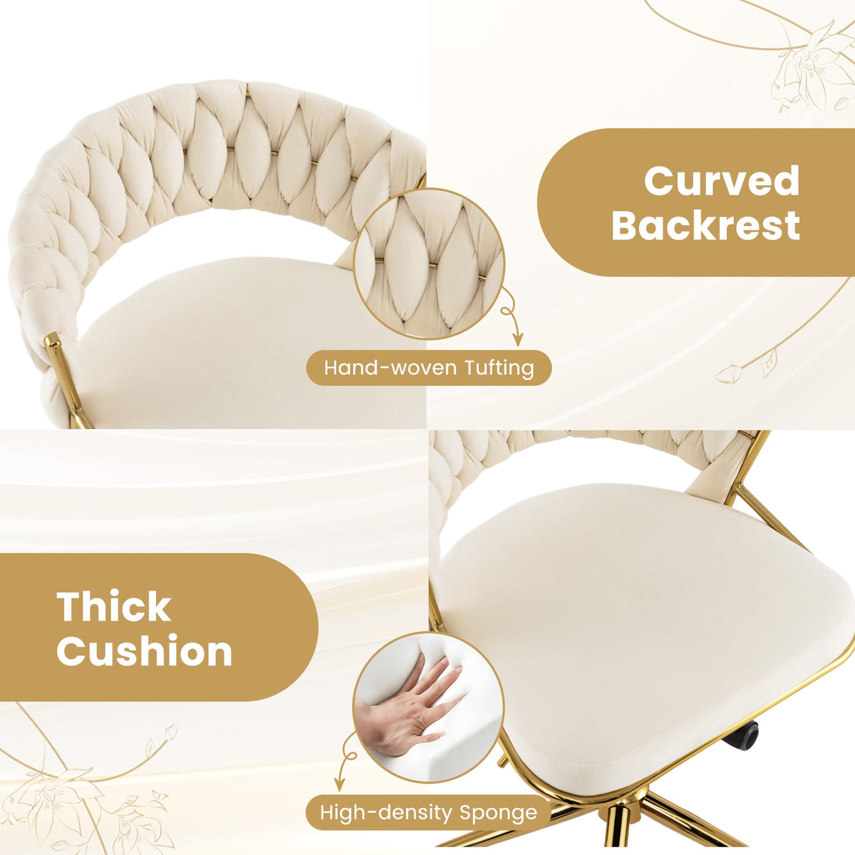 360° Height Adjustable Swivel Upholstered Desk Computer Chair with Hand-woven Back-Beige-Armless Office Chairs-DECOROLALA