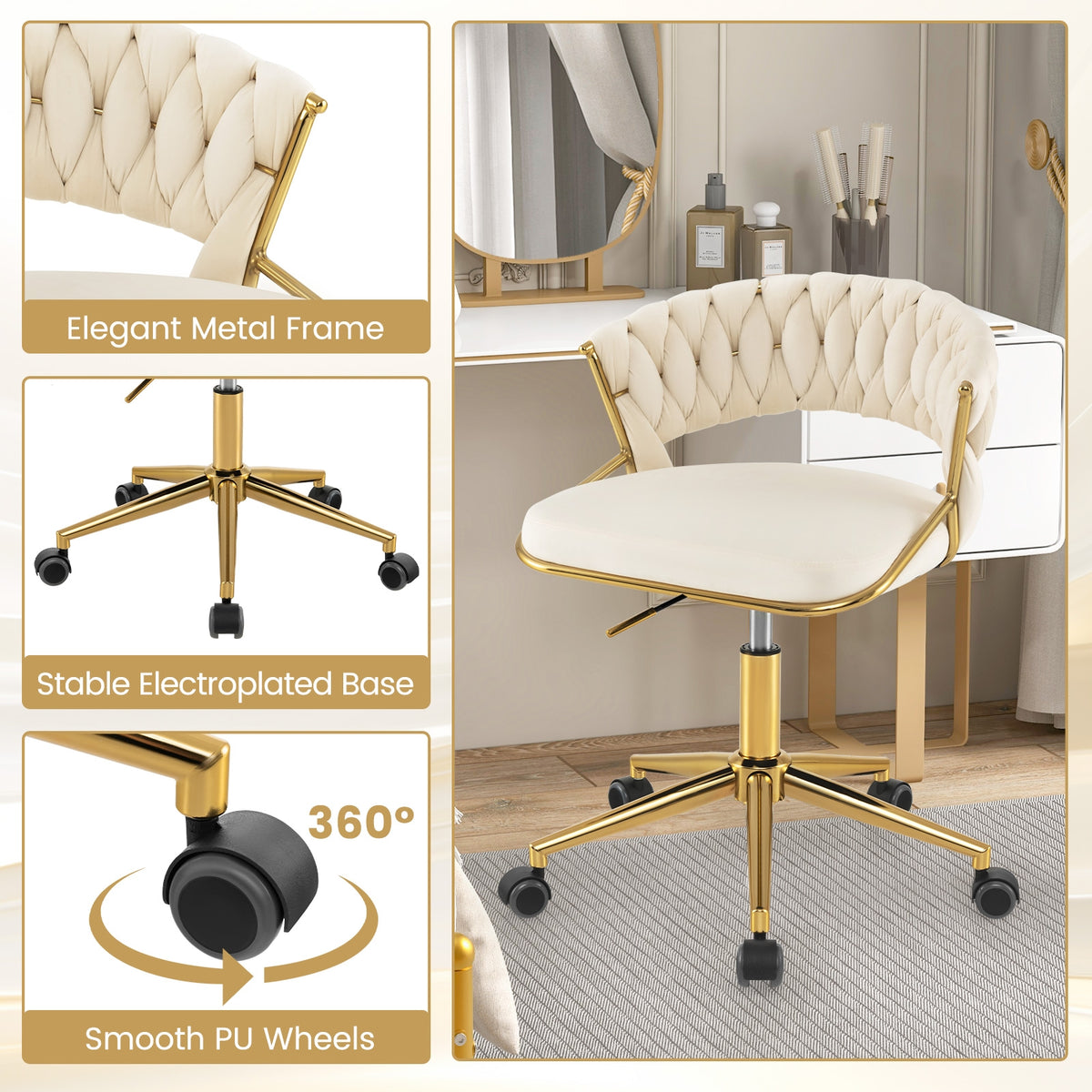 360° Height Adjustable Swivel Upholstered Desk Computer Chair with Hand-woven Back-Beige-Armless Office Chairs-DECOROLALA