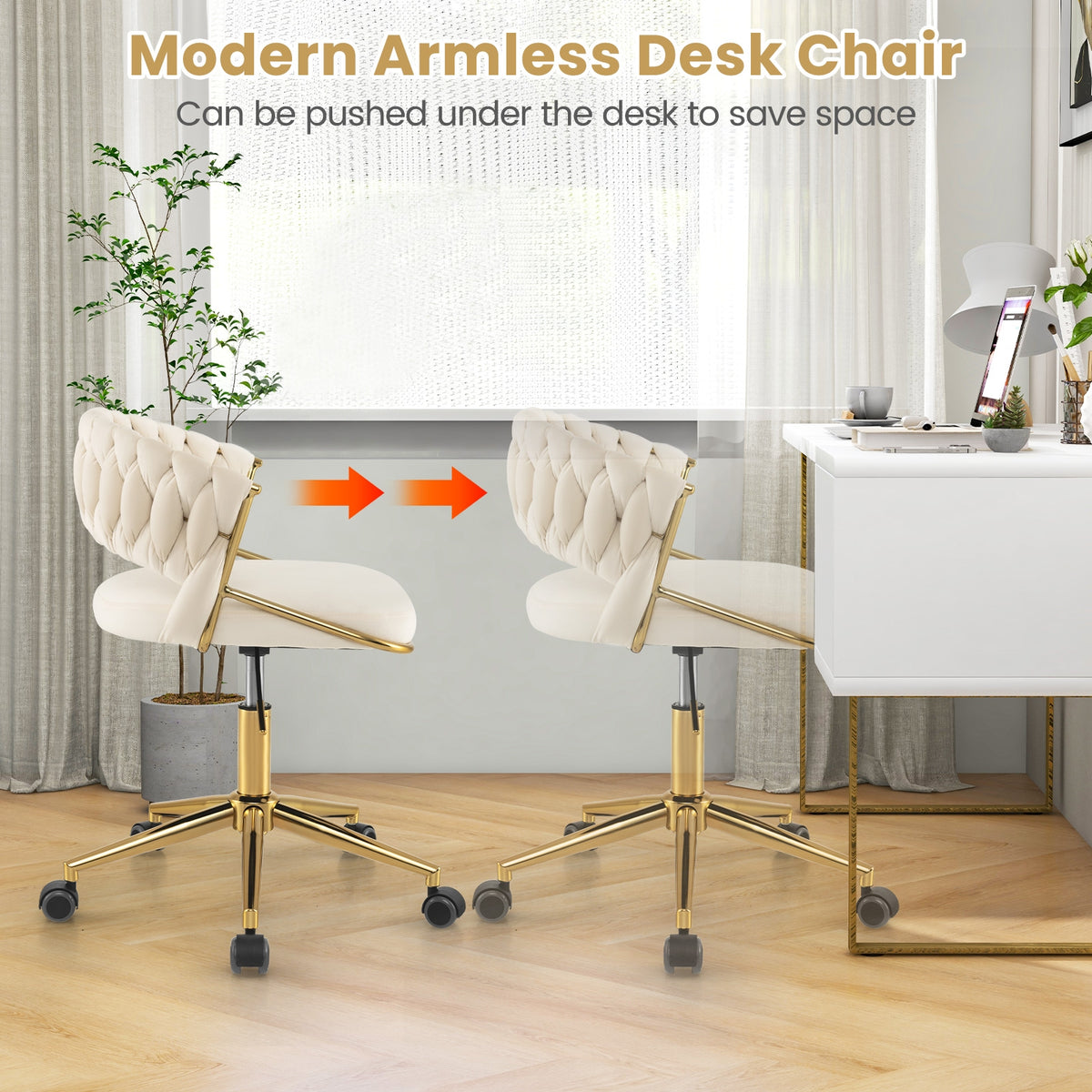 360° Height Adjustable Swivel Upholstered Desk Computer Chair with Hand-woven Back-Beige-Armless Office Chairs-DECOROLALA
