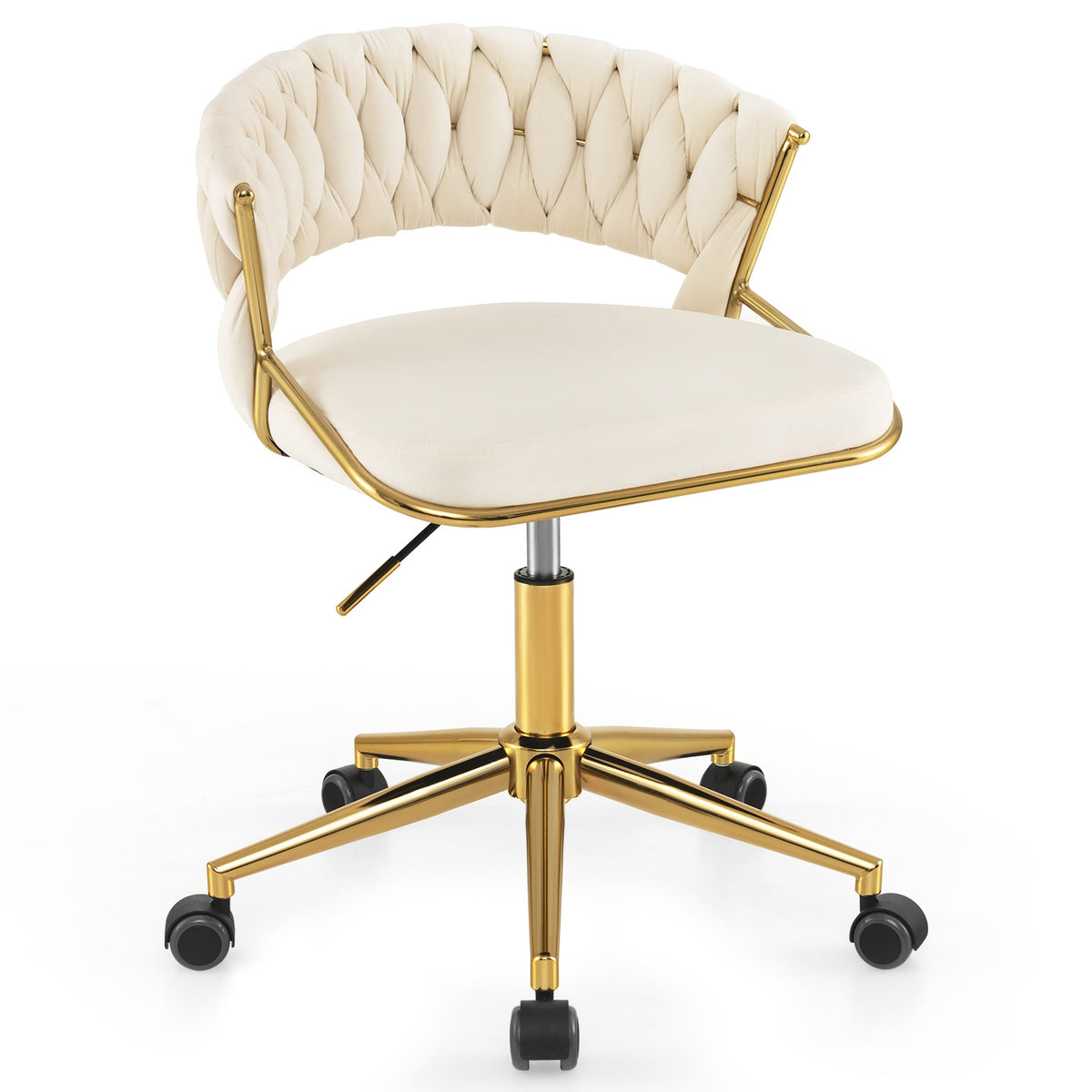 360° Height Adjustable Swivel Upholstered Desk Computer Chair with Hand-woven Back-Beige-Armless Office Chairs-DECOROLALA