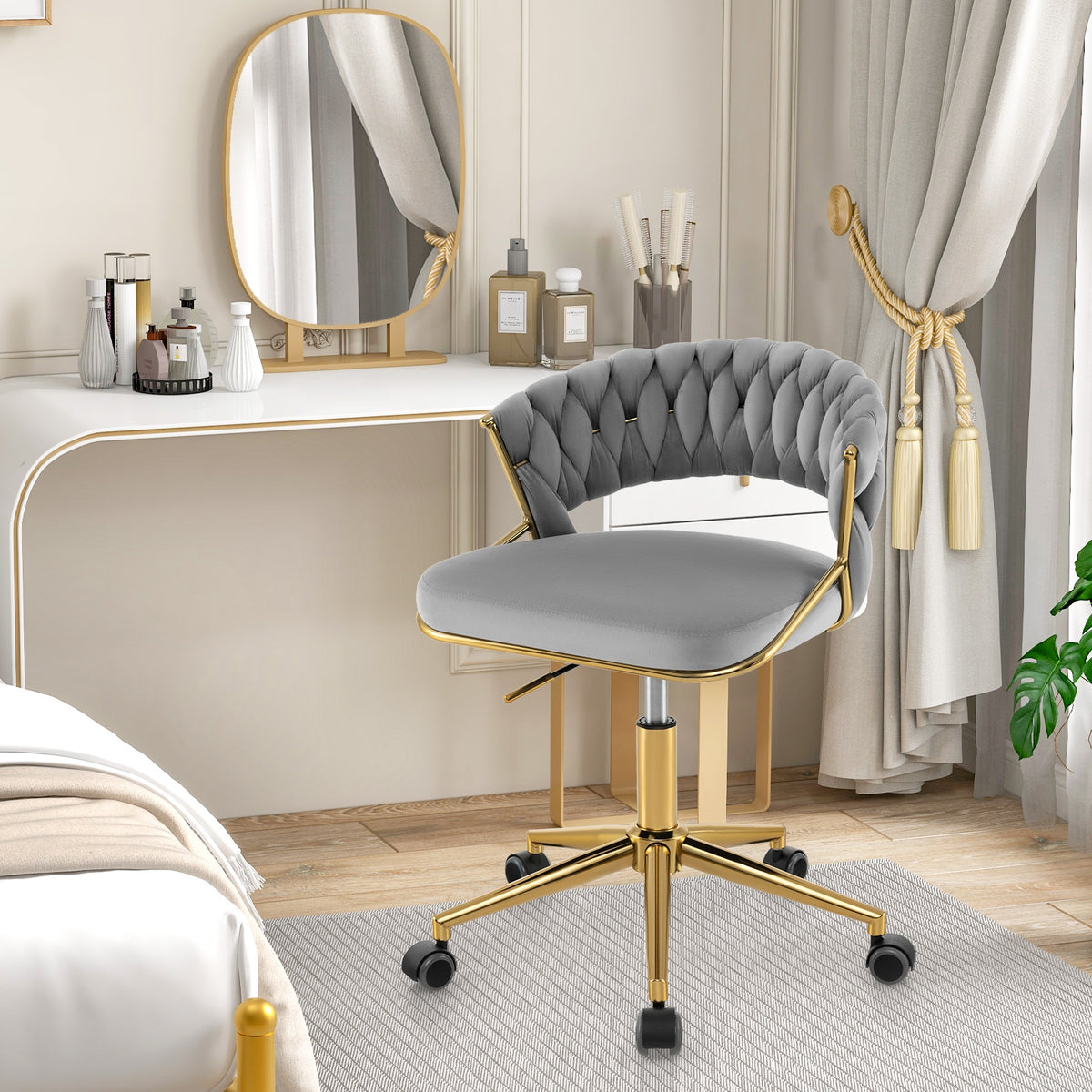 360° Height Adjustable Swivel Upholstered Desk Computer Chair with Hand-woven Back-Gray-Armless Office Chairs-DECOROLALA
