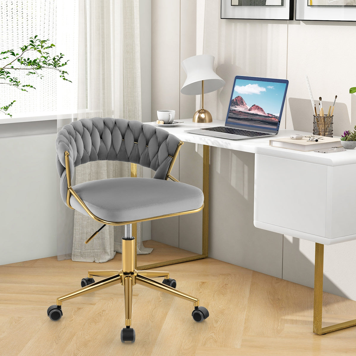 360° Height Adjustable Swivel Upholstered Desk Computer Chair with Hand-woven Back-Gray-Armless Office Chairs-DECOROLALA