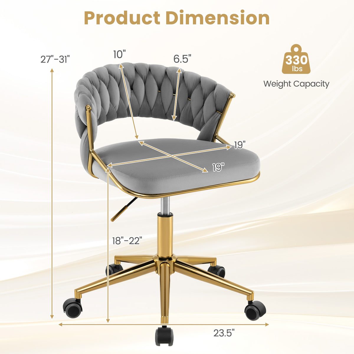 360° Height Adjustable Swivel Upholstered Desk Computer Chair with Hand-woven Back-Gray-Armless Office Chairs-DECOROLALA
