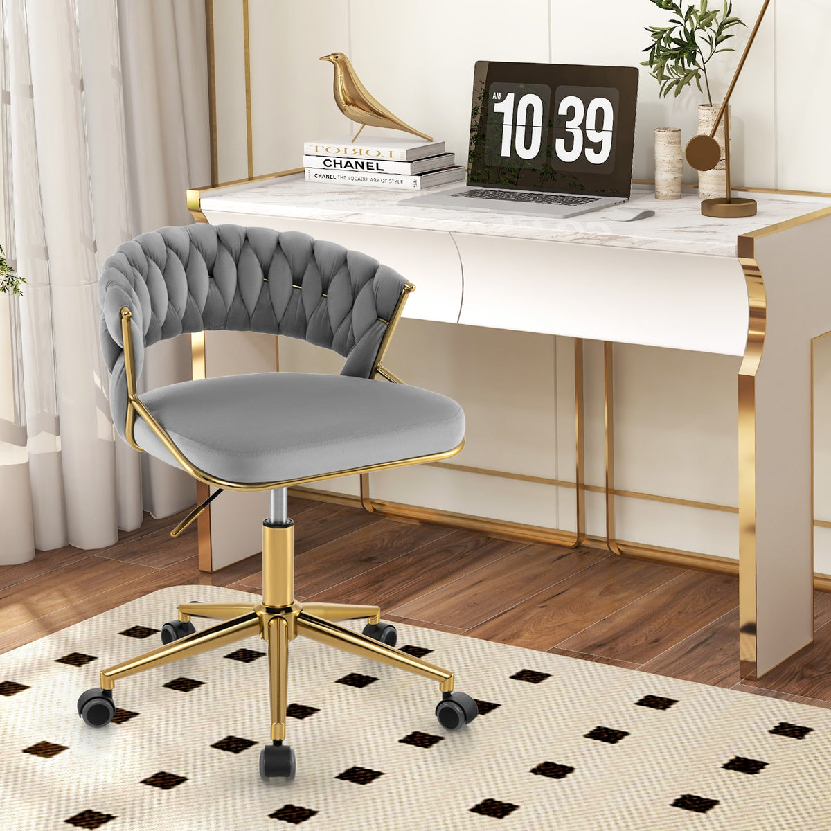 360° Height Adjustable Swivel Upholstered Desk Computer Chair with Hand-woven Back-Gray-Armless Office Chairs-DECOROLALA
