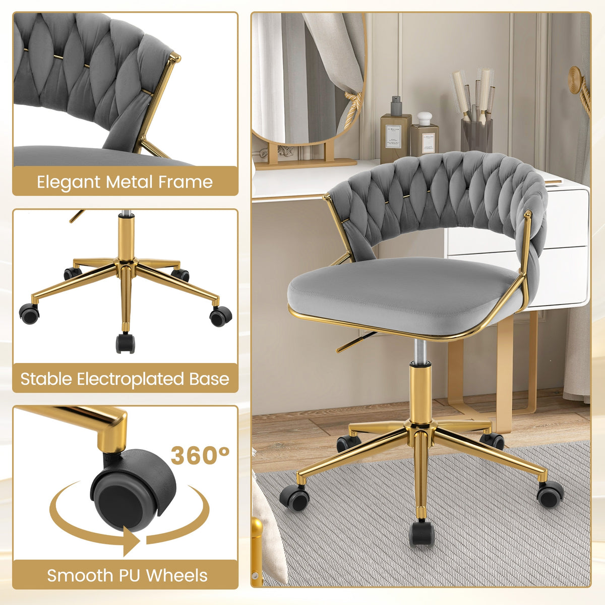 360° Height Adjustable Swivel Upholstered Desk Computer Chair with Hand-woven Back-Gray-Armless Office Chairs-DECOROLALA