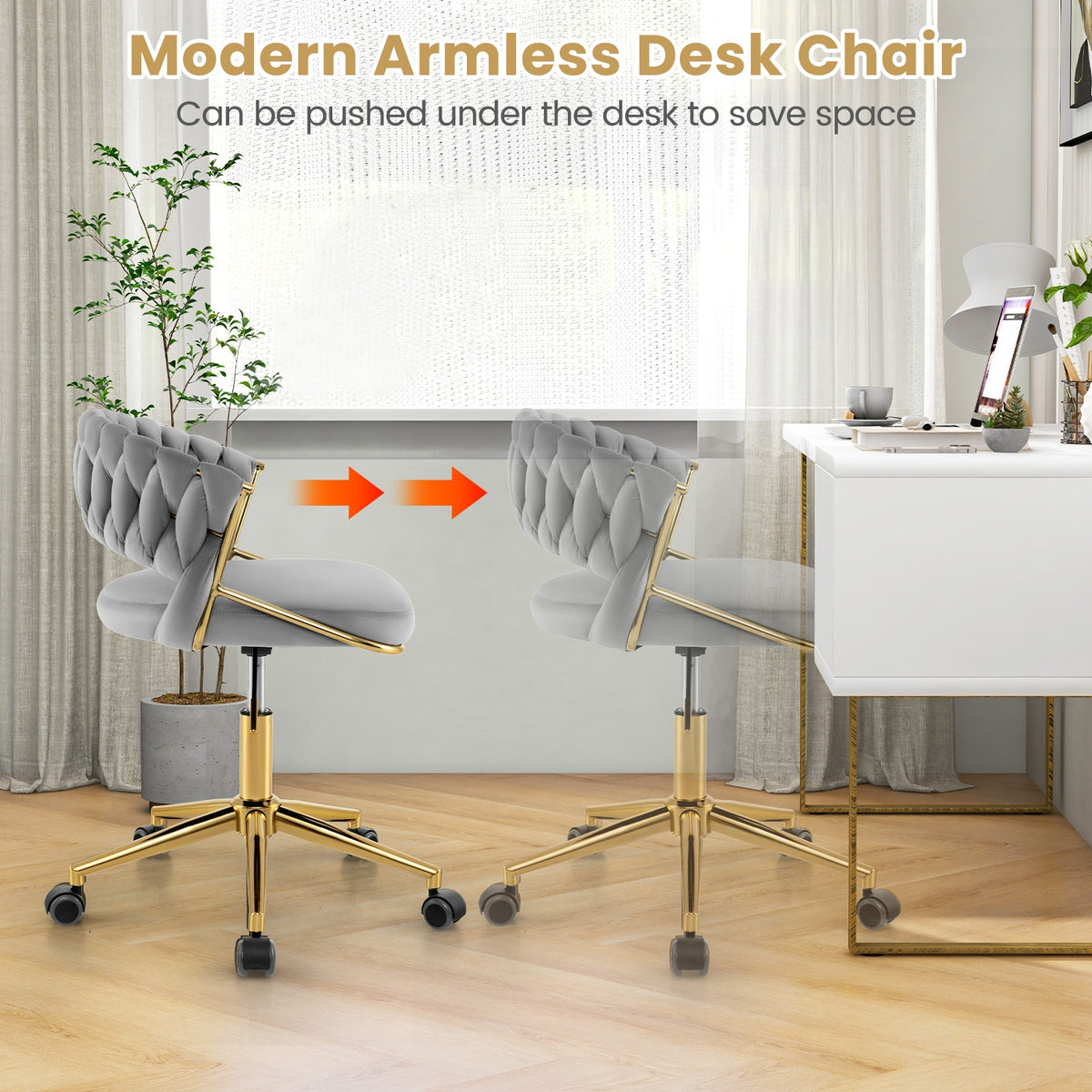 360° Height Adjustable Swivel Upholstered Desk Computer Chair with Hand-woven Back-Gray-Armless Office Chairs-DECOROLALA