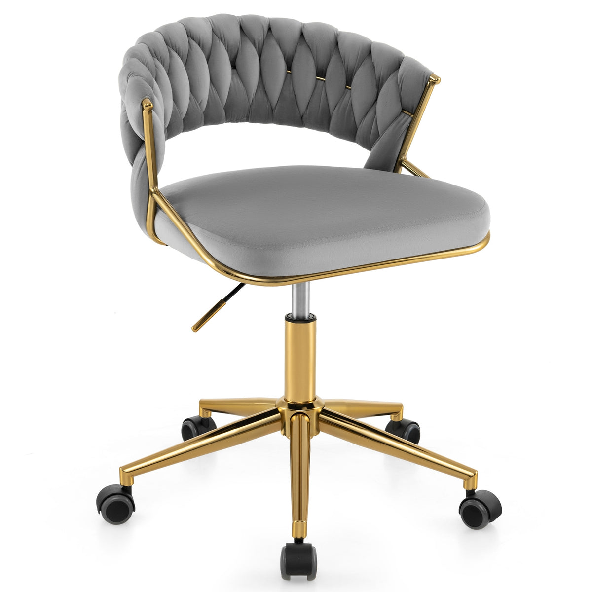 360° Height Adjustable Swivel Upholstered Desk Computer Chair with Hand-woven Back-Gray-Armless Office Chairs-DECOROLALA