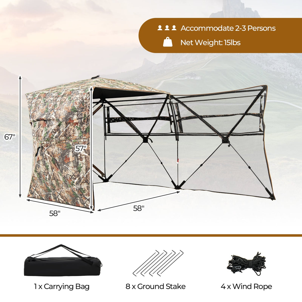 360° One Way See Through Hunting Blind Ground Blind with Portable Carrying Bag-Tents-DECOROLALA