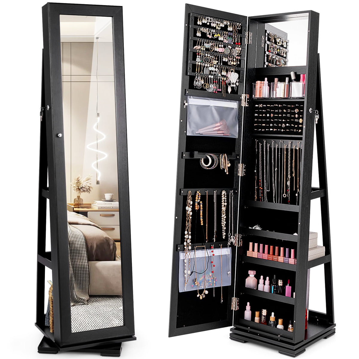 360° Rotatable 2-in-1 Lockable Jewelry Cabinet with Full-Length Mirror-Black-Jewelry Armoires-DECOROLALA