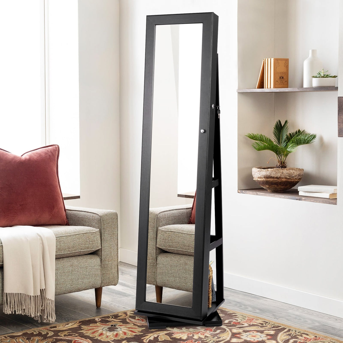 360° Rotatable 2-in-1 Lockable Jewelry Cabinet with Full-Length Mirror-Black-Jewelry Armoires-DECOROLALA