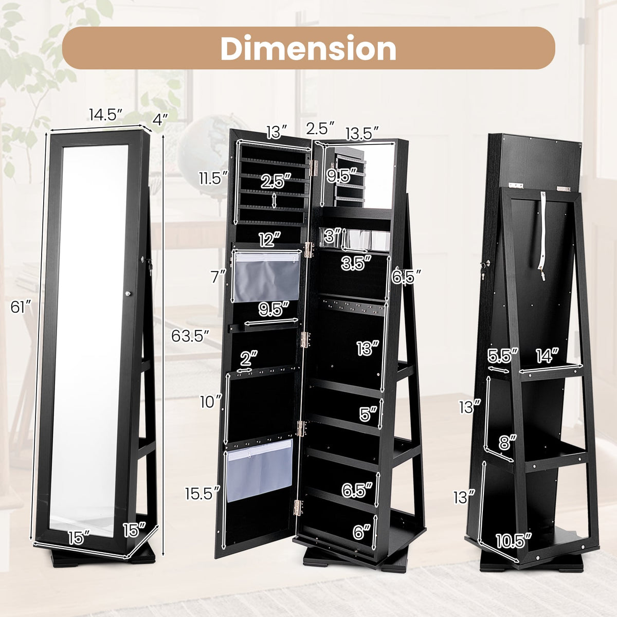 360° Rotatable 2-in-1 Lockable Jewelry Cabinet with Full-Length Mirror-Black-Jewelry Armoires-DECOROLALA