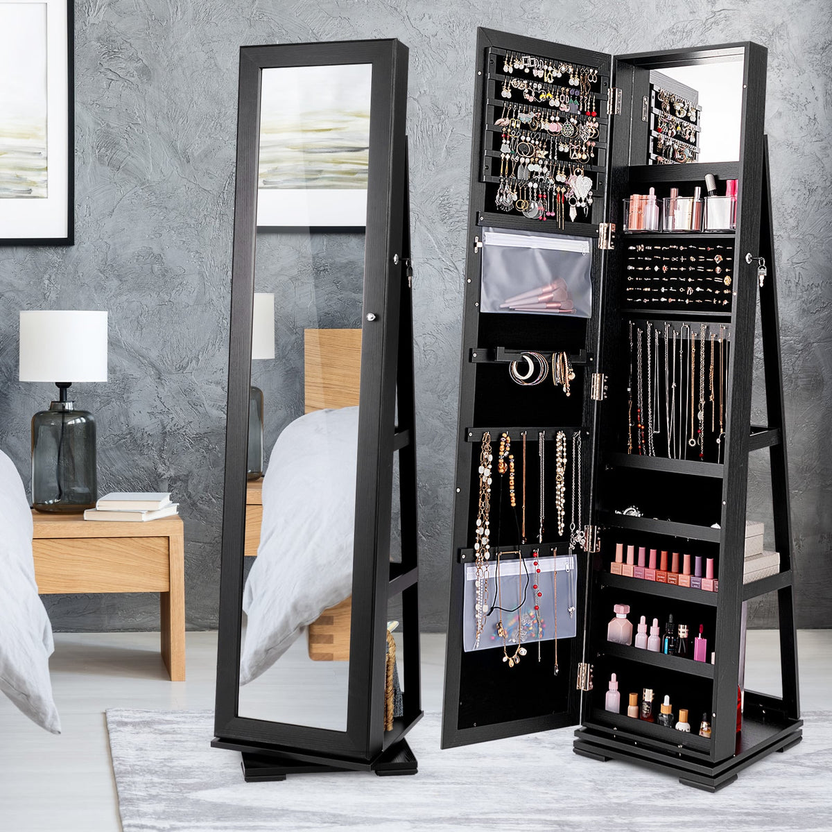 360° Rotatable 2-in-1 Lockable Jewelry Cabinet with Full-Length Mirror-Black-Jewelry Armoires-DECOROLALA