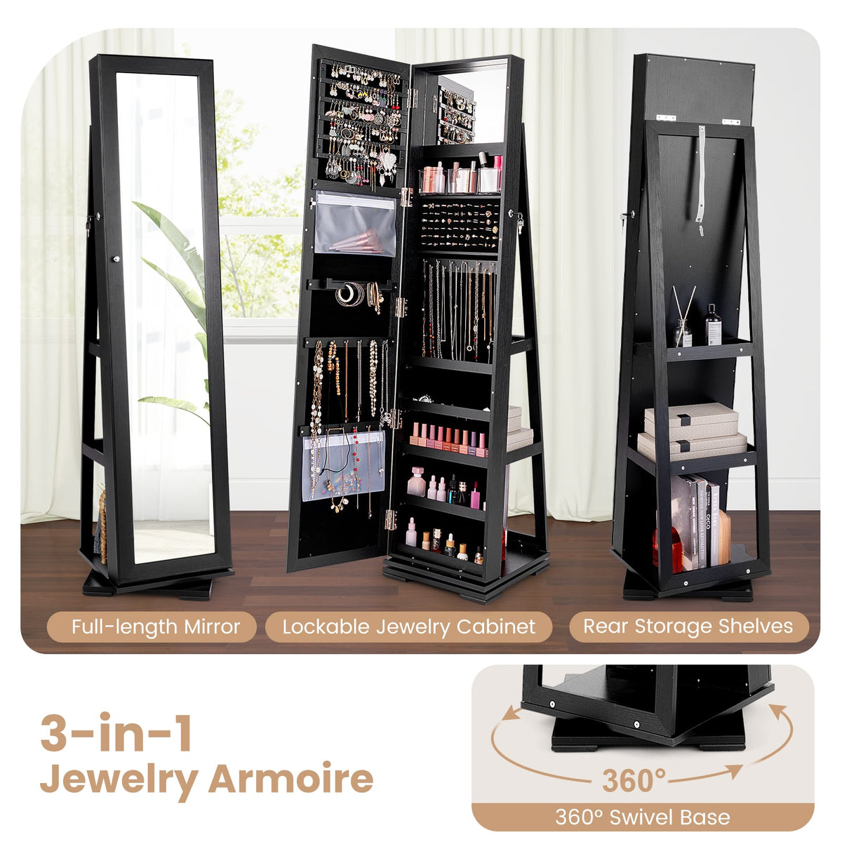 360° Rotatable 2-in-1 Lockable Jewelry Cabinet with Full-Length Mirror-Black-Jewelry Armoires-DECOROLALA