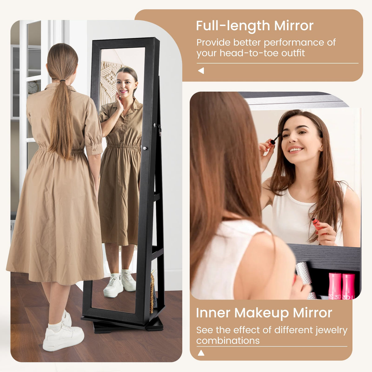 360° Rotatable 2-in-1 Lockable Jewelry Cabinet with Full-Length Mirror-Black-Jewelry Armoires-DECOROLALA