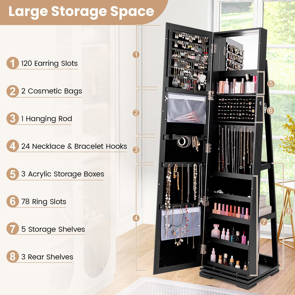 360° Rotatable 2-in-1 Lockable Jewelry Cabinet with Full-Length Mirror-Black-Jewelry Armoires-DECOROLALA