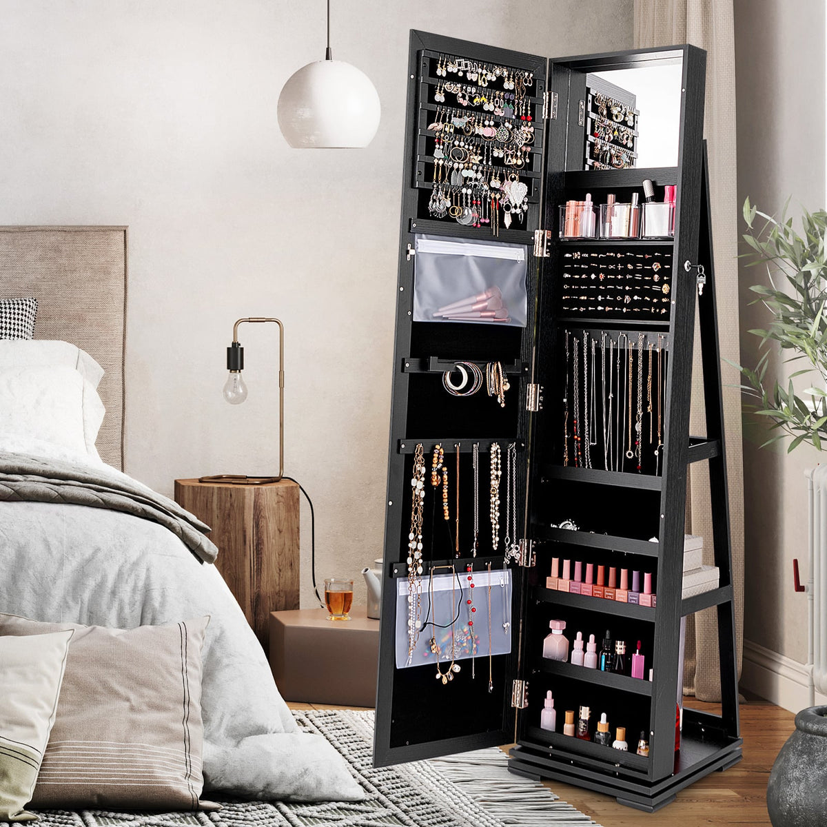 360° Rotatable 2-in-1 Lockable Jewelry Cabinet with Full-Length Mirror-Black-Jewelry Armoires-DECOROLALA