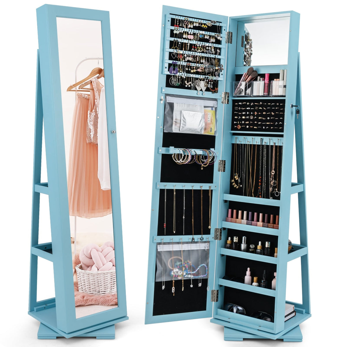 360° Rotatable 2-in-1 Lockable Jewelry Cabinet with Full-Length Mirror-Blue-Jewelry Armoires-DECOROLALA