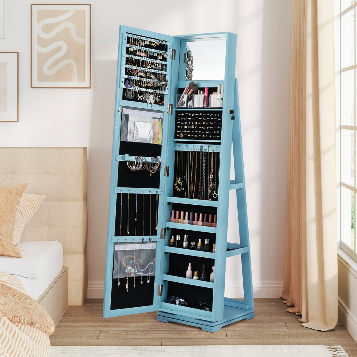 360° Rotatable 2-in-1 Lockable Jewelry Cabinet with Full-Length Mirror-Blue-Jewelry Armoires-DECOROLALA