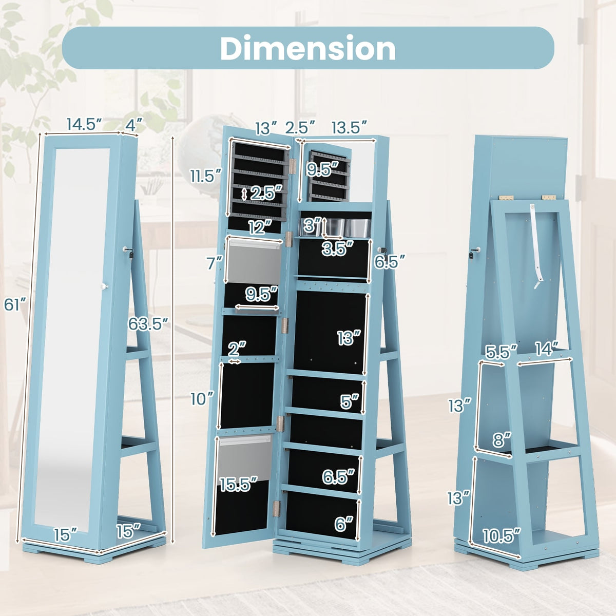 360° Rotatable 2-in-1 Lockable Jewelry Cabinet with Full-Length Mirror-Blue-Jewelry Armoires-DECOROLALA