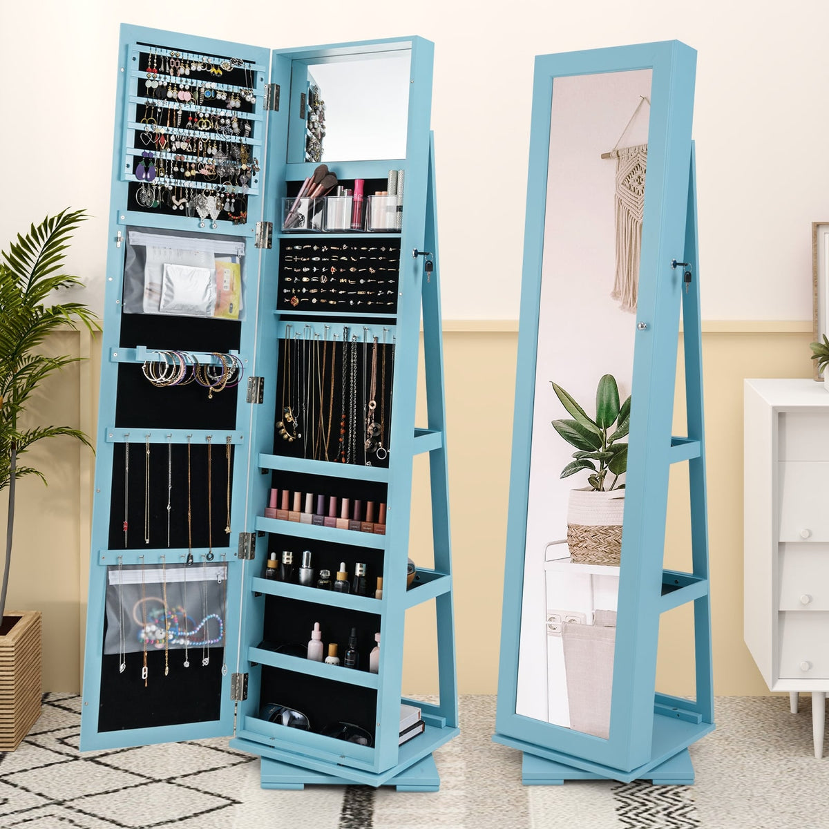 360° Rotatable 2-in-1 Lockable Jewelry Cabinet with Full-Length Mirror-Blue-Jewelry Armoires-DECOROLALA