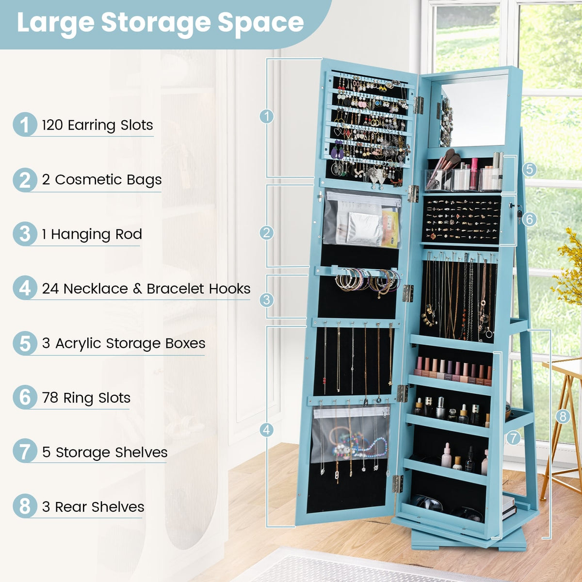 360° Rotatable 2-in-1 Lockable Jewelry Cabinet with Full-Length Mirror-Blue-Jewelry Armoires-DECOROLALA