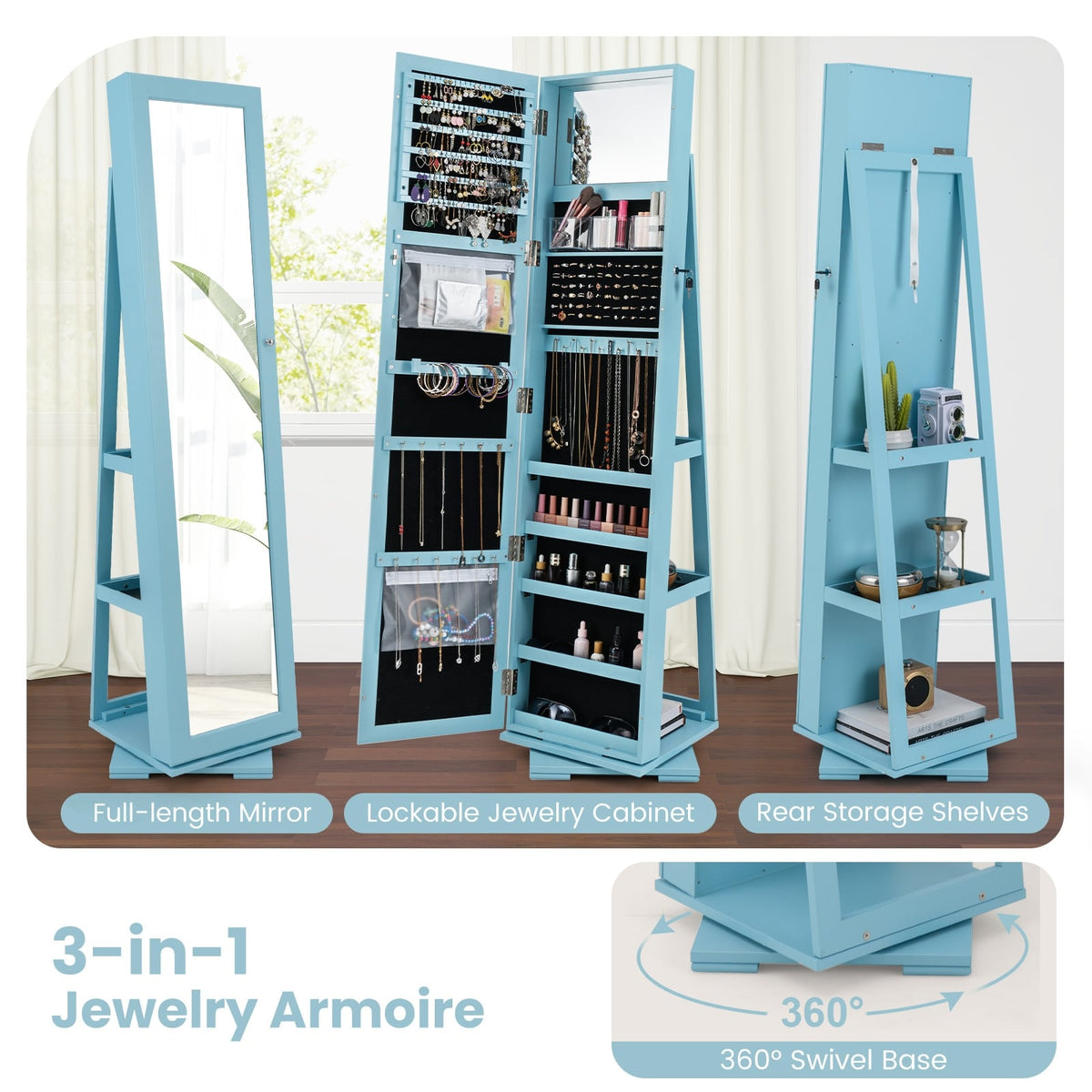 360° Rotatable 2-in-1 Lockable Jewelry Cabinet with Full-Length Mirror-Blue-Jewelry Armoires-DECOROLALA