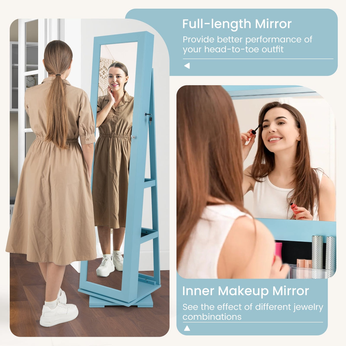 360° Rotatable 2-in-1 Lockable Jewelry Cabinet with Full-Length Mirror-Blue-Jewelry Armoires-DECOROLALA