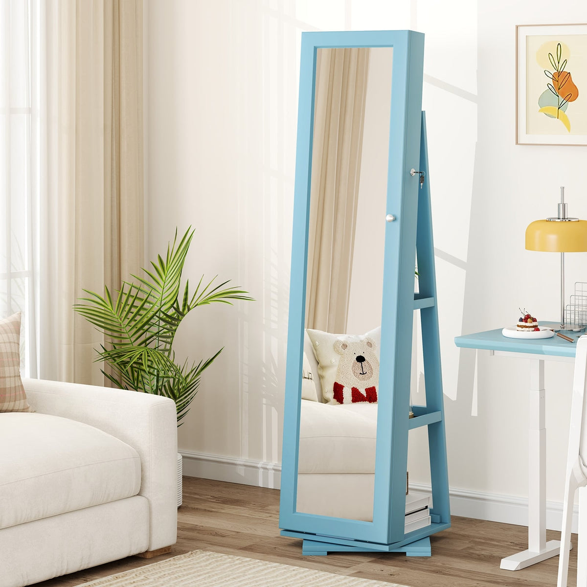 360° Rotatable 2-in-1 Lockable Jewelry Cabinet with Full-Length Mirror-Blue-Jewelry Armoires-DECOROLALA