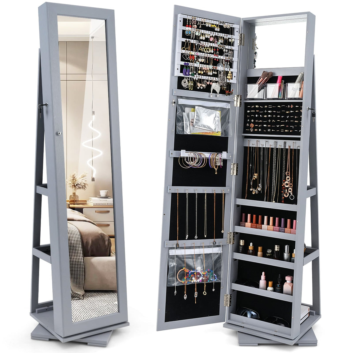360° Rotatable 2-in-1 Lockable Jewelry Cabinet with Full-Length Mirror-Gray-Jewelry Armoires-DECOROLALA