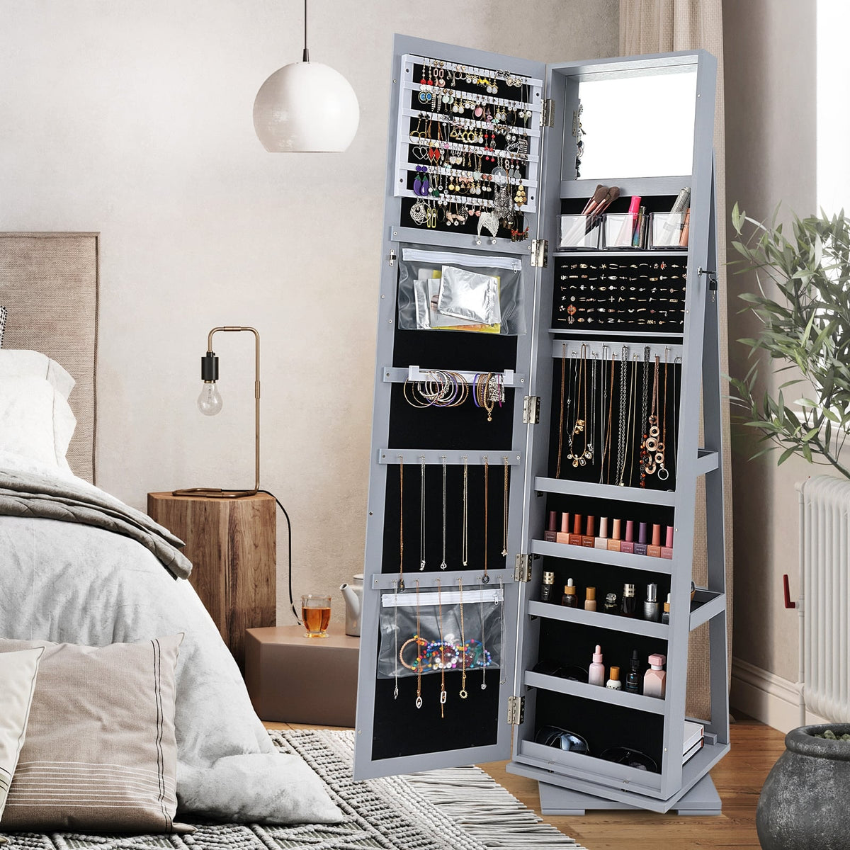 360° Rotatable 2-in-1 Lockable Jewelry Cabinet with Full-Length Mirror-Gray-Jewelry Armoires-DECOROLALA