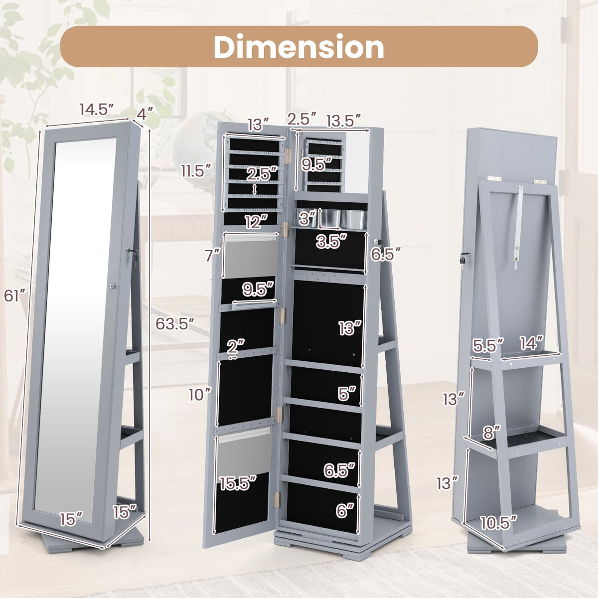 360° Rotatable 2-in-1 Lockable Jewelry Cabinet with Full-Length Mirror-Gray-Jewelry Armoires-DECOROLALA
