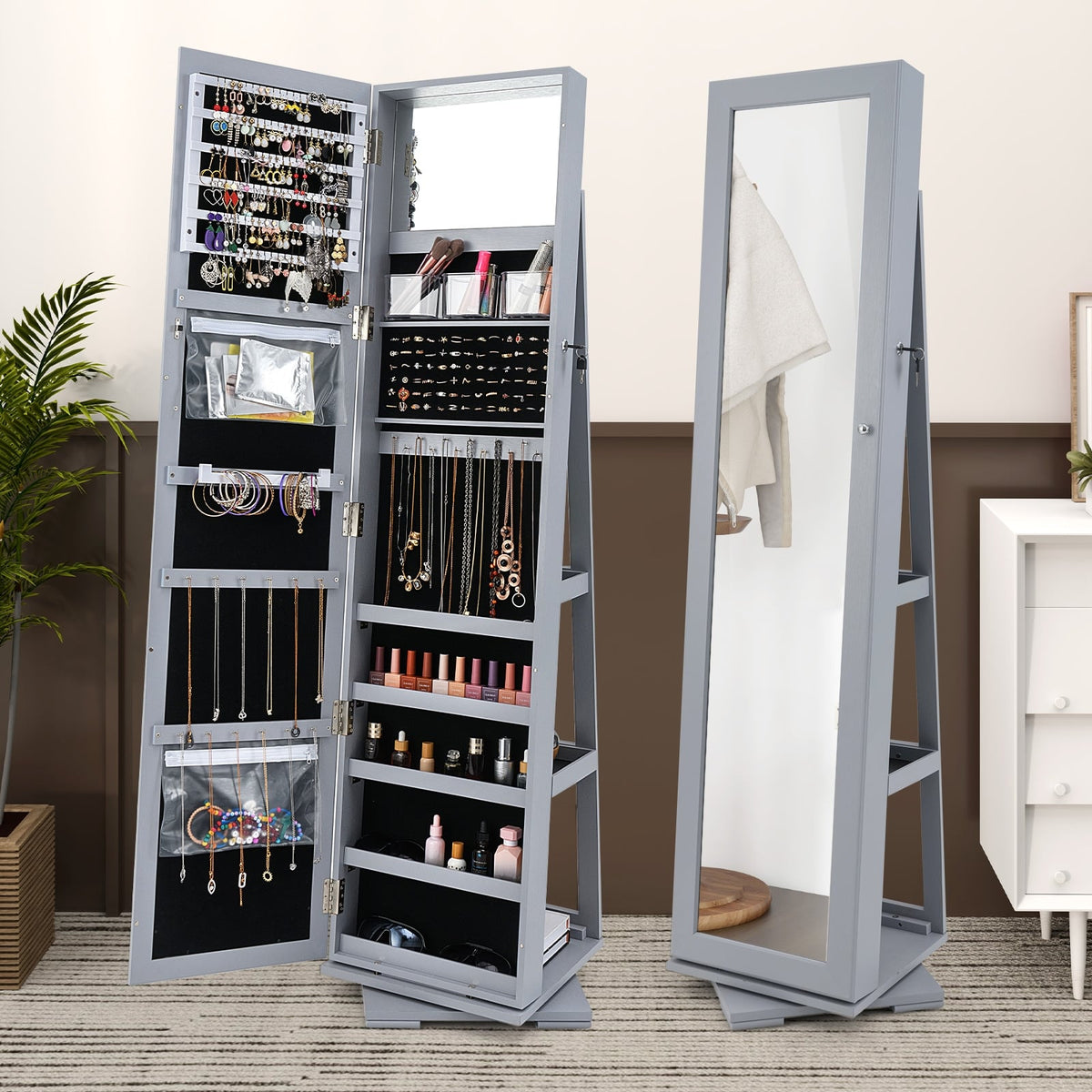 360° Rotatable 2-in-1 Lockable Jewelry Cabinet with Full-Length Mirror-Gray-Jewelry Armoires-DECOROLALA